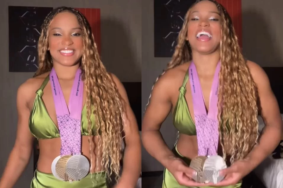 Rebeca Andrade exibe medalhas e brinca: 'Aqui a lapada  forte'