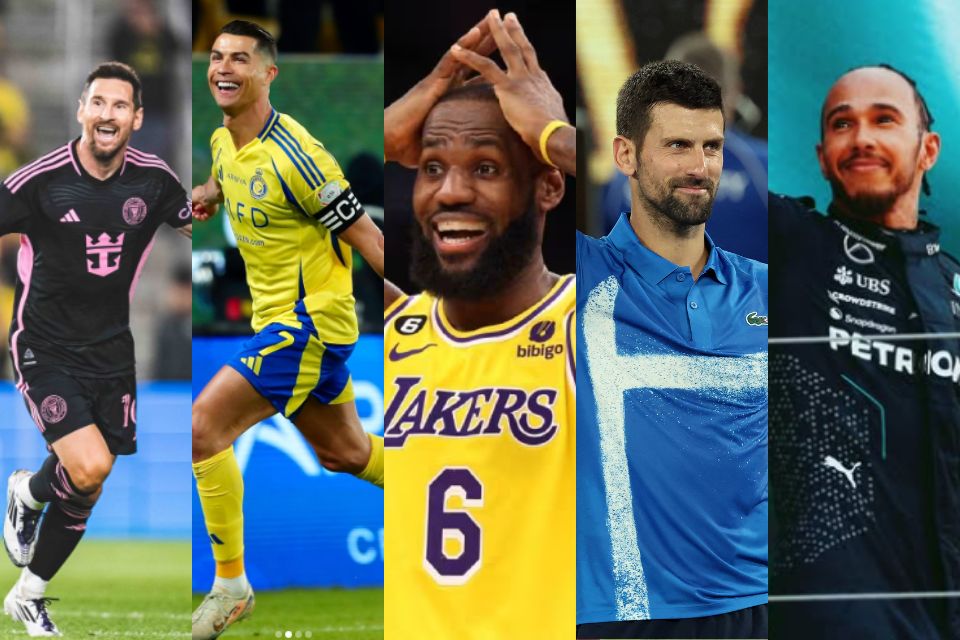 <i>(Foto: Divulgação/ Messi, Divulgação/Cristiano Ronaldo, AFP, Divulgação/ Hamilton e David Gray/AFP)</i> <i>(Foto: Divulgação/ Messi, Divulgação/Cristiano Ronaldo, AFP, Divulgação/ Hamilton e David Gray/AFP)</i>